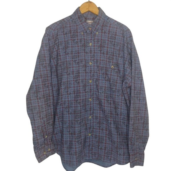 Wrangler Mens L Rugged Wear Button Down Shirt Bird Dog Blue Red Plaid Long Slv - Picture 1 of 8
